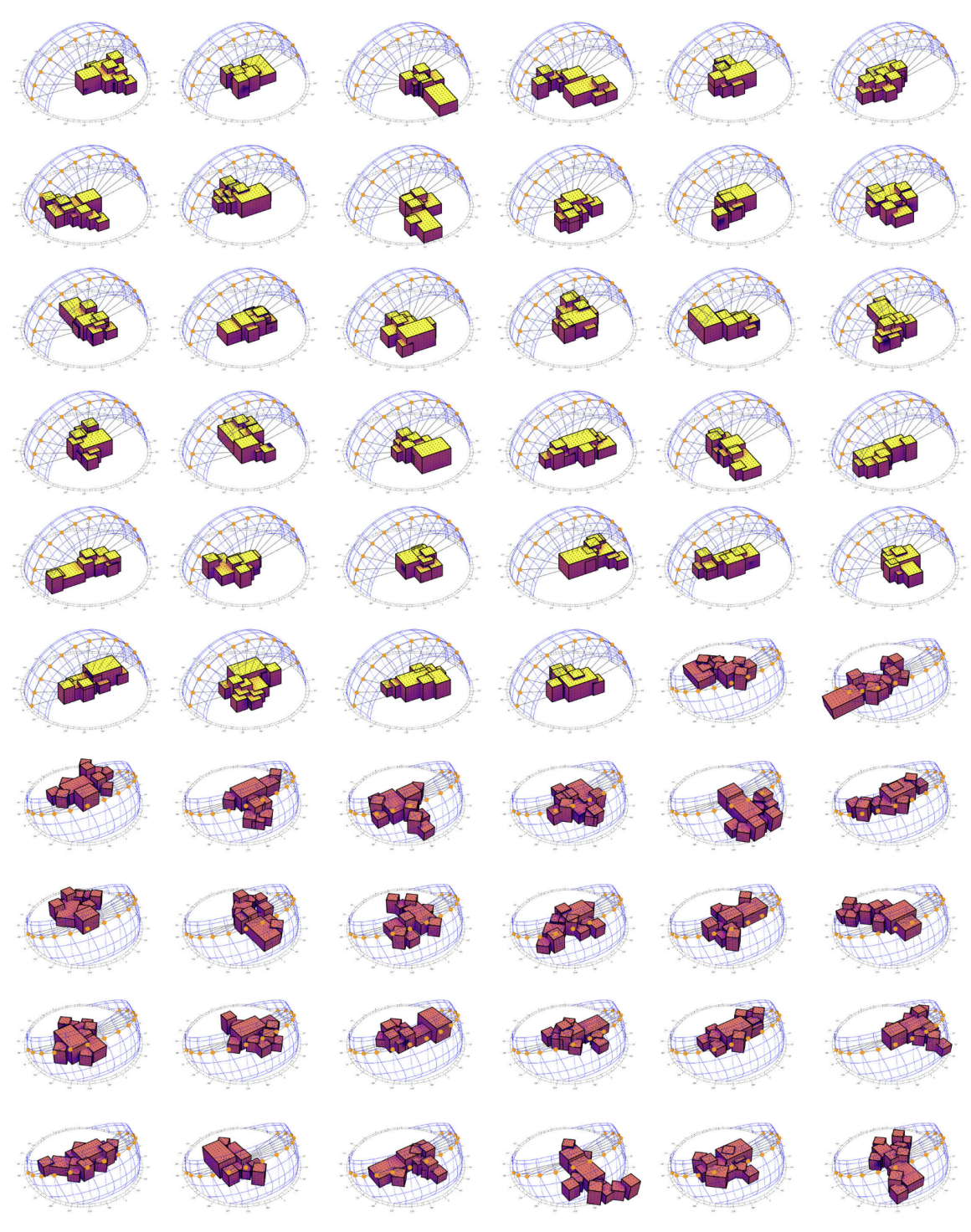 Grid of generated building massings inside sun path domes