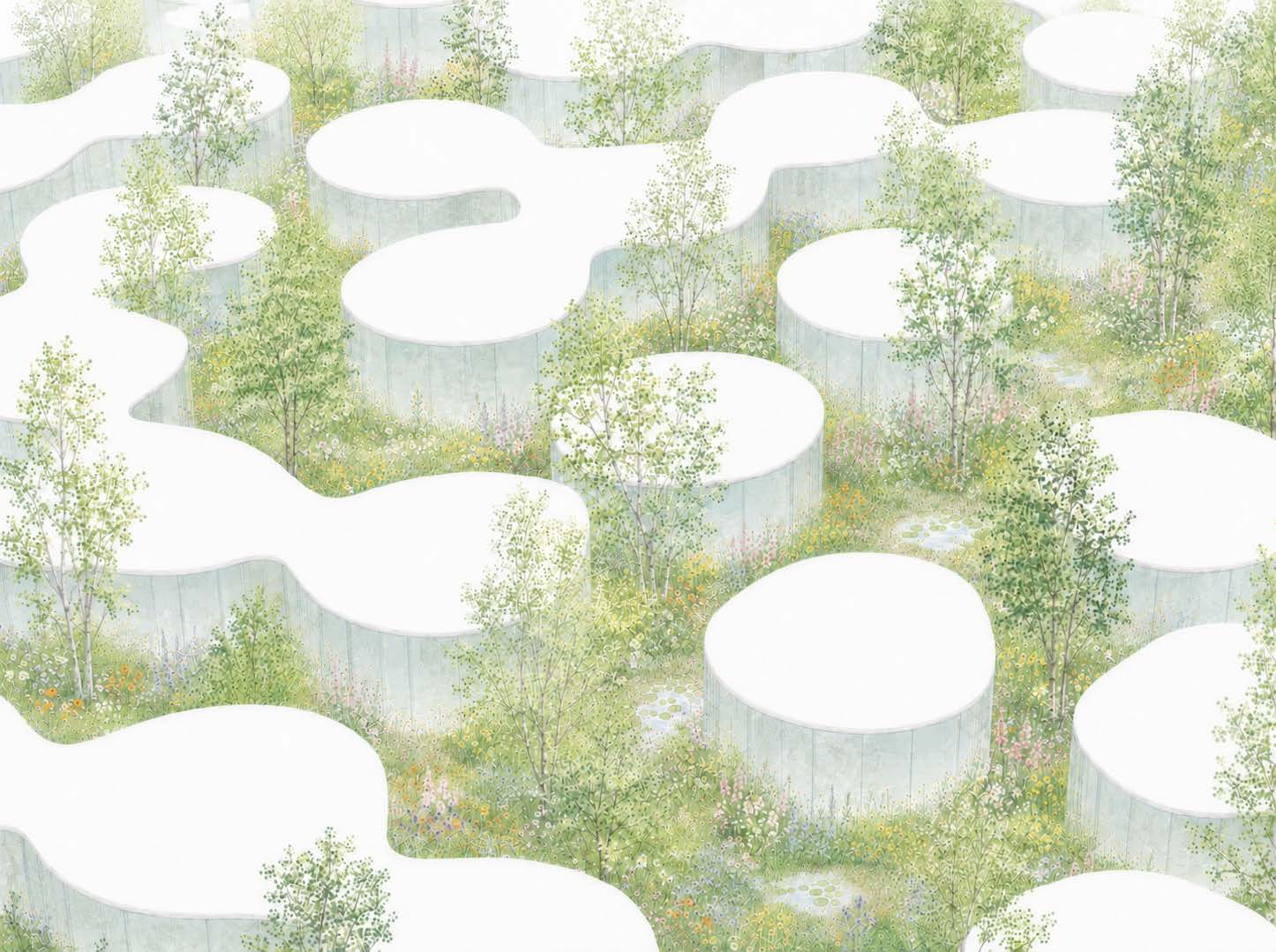 Rendering of rounded white pavilions in a flowering meadow